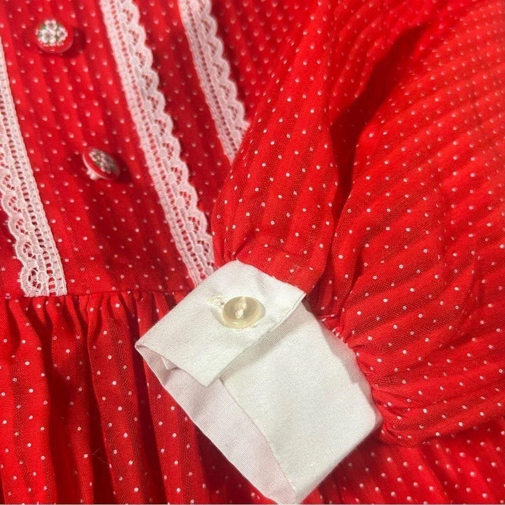 Vintage 70s Mini World Girls Prairie Dress 5 Red Polka Dot Lace Peter Pan Collar